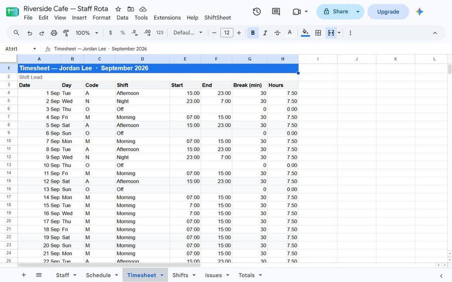 A printable timesheet per person, with a line to sign.